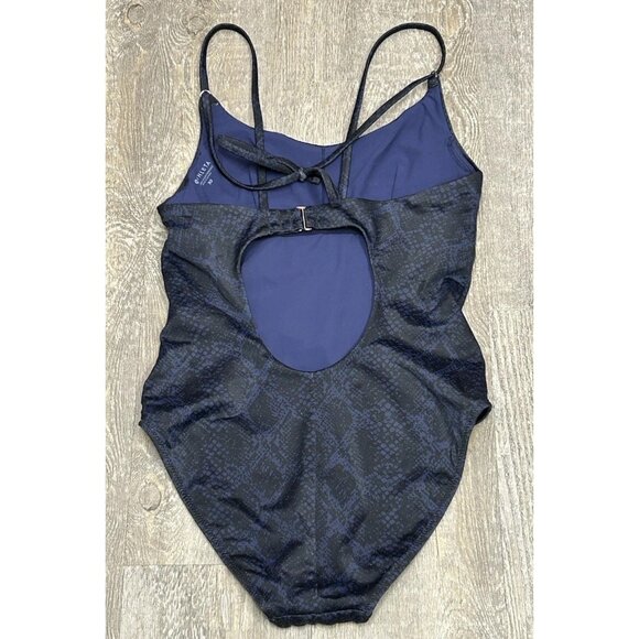 Athleta Swim Skinny Strap One Piece Swimsuit Sz XS Animal Print Black Blue - Picture 2 of 11